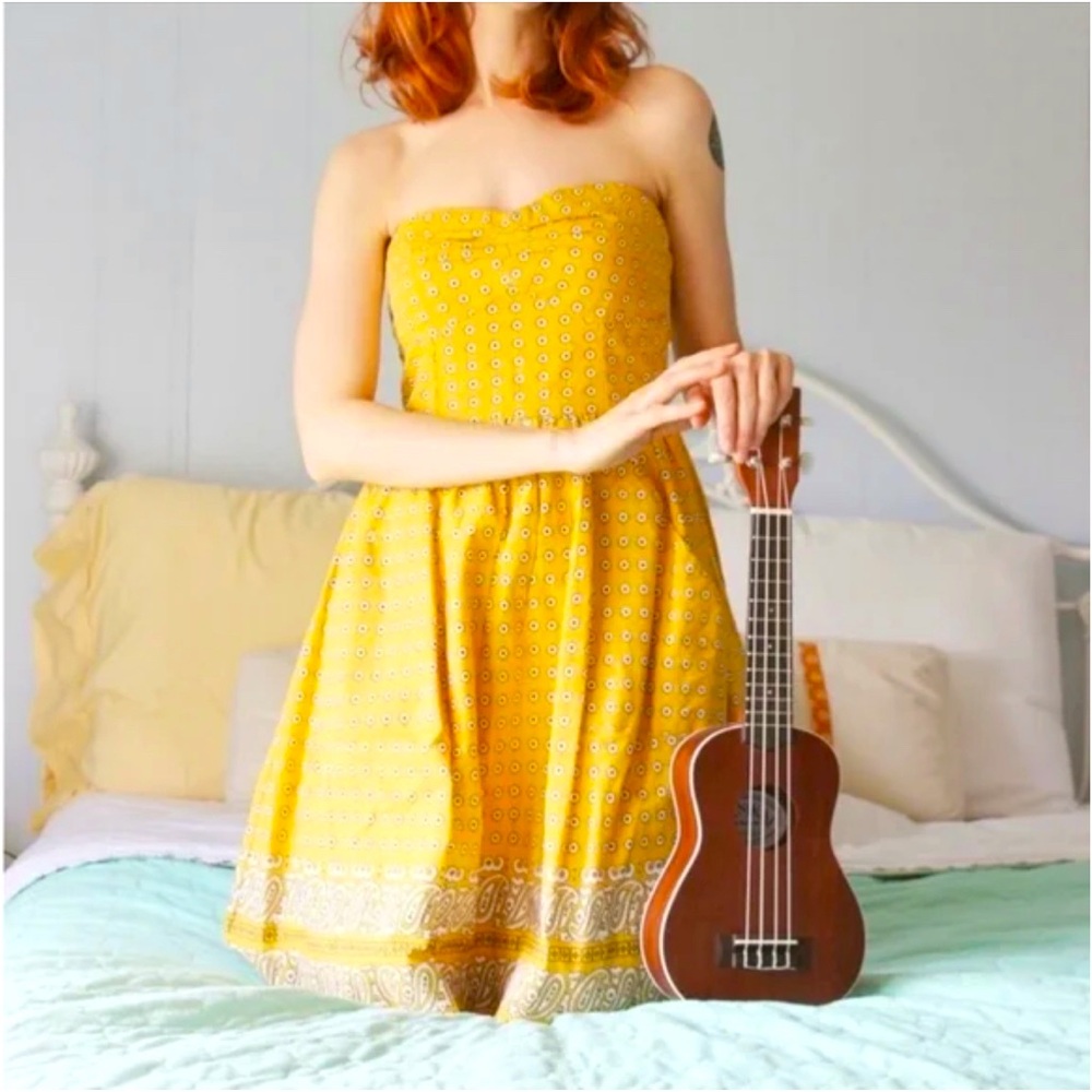 Anthropologie Girls from Savoy Yellow Bandana Strapless Dress Women's Size 4